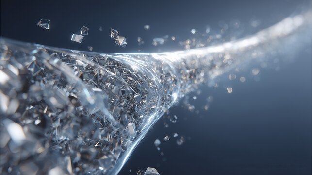 AI生成し直した、弧を描く透明なガラス管から無数のクリスタル破片が舞い散る瞬間｜ダークブルーの静寂に輝く銀の閃光