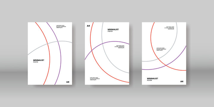 Terracotta and purple minimalist line art poster design template set with thin concentric circles and intersecting arcs on white background for creative brochure corporate layout A4