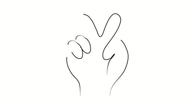 Victory symbol with hand. Contour drawing, silhouett animation. Continuous line. Isolated on white. Video 4k object illustration self-drawing. Object construction. Minimalist continuous line drawing s