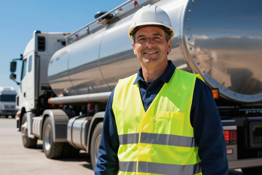Man in safety vest and hard hat smiles near shiny tanker truck. Professional driver stands ready for liquid fuel or gas delivery job. He works in transportation industry.