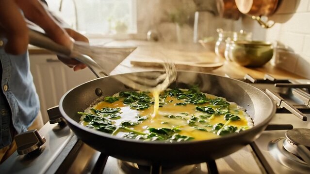 Home cook pours beaten eggs into a skillet with spinach on a gas stove, warm morning light fills a cozy kitchen, inviting mood suggests healthy breakfast prep