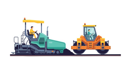Fototapeta premium Vector Illustration of Road Construction Machinery with Asphalt Paver and Compactor Roller Isolated on White