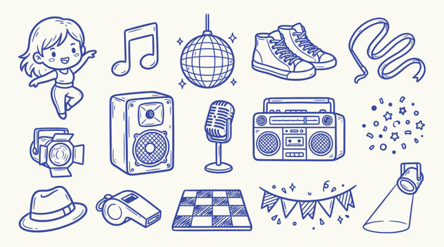 Collection of doodle-style illustrations related to music, dance, and parties, including a dancing girl, musical notes, disco ball, speakers, microphone, and party decorations.