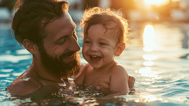  Primer plano de un padre feliz y su beb&eacute; riendo mientras nadan en una piscina al atardecer. V&iacute;nculo familiar, paternidad y vacaciones de verano