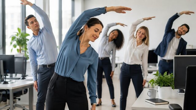 Diverse team of office workers stretching in modern workplace. Professional colleagues doing wellness exercise for stress relief. Healthy corporate lifestyle and office break activity