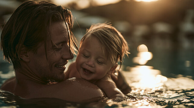 Close-up of a loving father and toddler bonding in an outdoor swimming pool at sunset. Heartwarming summer vacation and fatherhood lifestyle
