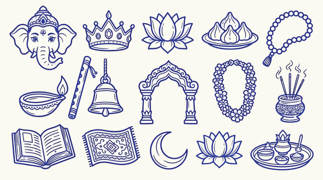 Collection of Indian cultural and religious symbols, including Ganesha, lotus flowers, diya, and prayer items.