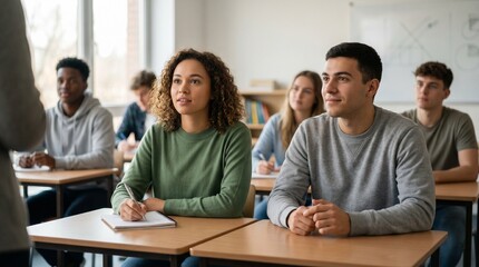 Fototapeta premium Students sit in classroom during lecture and listen to teacher while taking notes in notebook