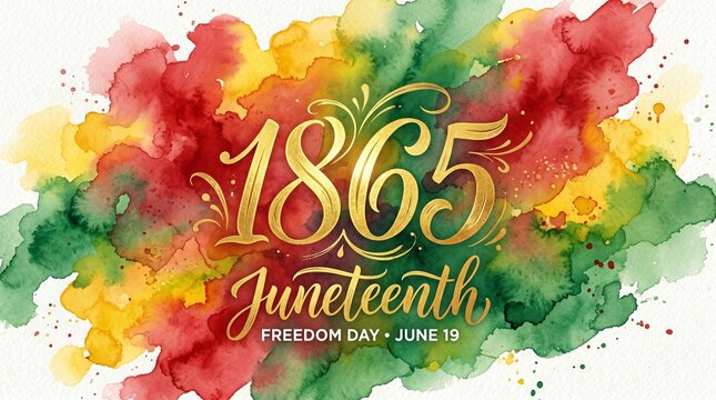 Juneteenth celebration background with 1865 lettering and colorful watercolor splashes. Artistic design marking Freedom Day on June 19 for posters, social media and commemorative cards
