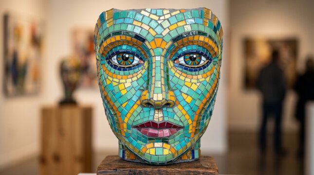 Colorful mosaic face art on display in a gallery setting with visitors in the background during a local art event in the evening