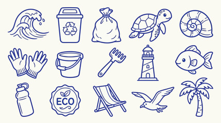 Collection of hand-drawn icons representing beach and environmental themes, including waves, trash can, turtle, and palm tree. © zainab