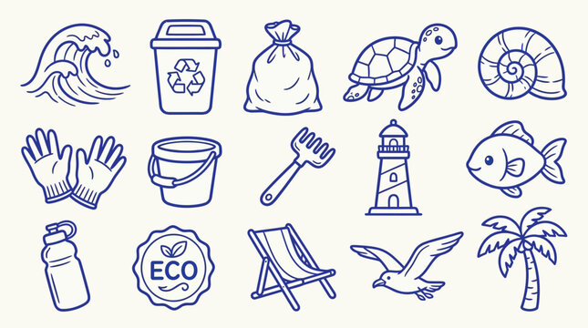 Collection of hand-drawn icons representing beach and environmental themes, including waves, trash can, turtle, and palm tree.