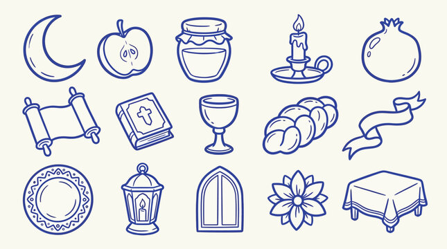 Collection of Jewish holiday symbols and objects, hand-drawn in a simple, iconic style.