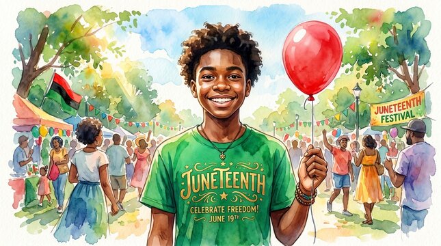 African American teen boy holding red balloon at Juneteenth festival. Happy child celebrating freedom at community park. Watercolor illustration of cultural heritage and public event