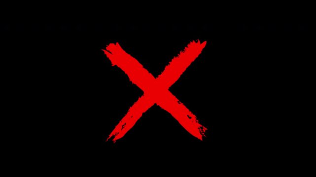 Red grunge cross checkmark animation. Hand-drawn painted X mark. Brush stroke wrong or cancel symbol. Crossed lines sign. Embedded alpha channel. ProRess 4444