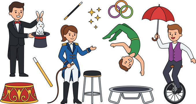 Circus Performance Vector Element Set with Magician, Acrobot, Ringmaster, Unicycle Rider, Magic Rabbit, and Carnival Show Props for Party and Festival Designs