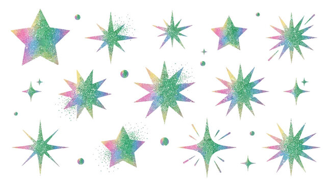Vibrant Y2K aesthetic colorful gradient stars with stippled green grainy texture. Sparkling retro blink effect on dynamic graphic design featuring spray-painted noise overlay and vector elements.