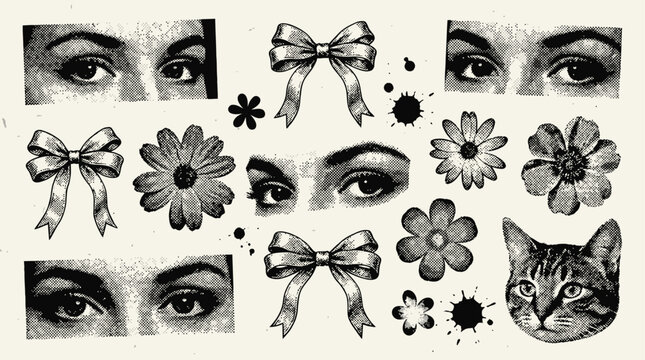 Abstract vintage collage set featuring female eyes, floral blossoms, domestic cat head, and decorative bows. Gritty photocopy halftone texture with dadaist aesthetic and retro y2k stippling art.