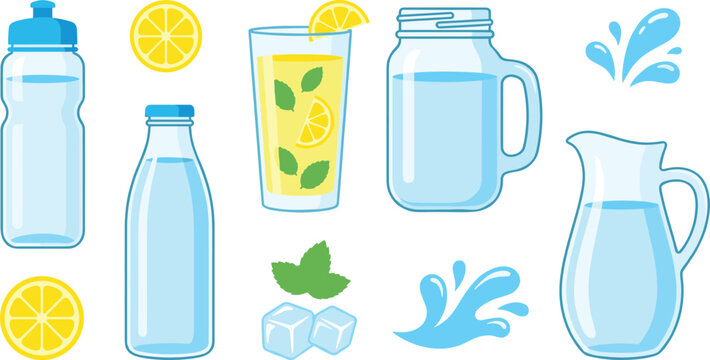 Fresh Drinking Water and Lemonade Set with Sport Bottle Glass Pitcher Mason Jar Ice Cubes and Mint Leaves for Hydration Vector Design