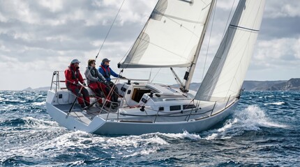 Fototapeta premium Three adult sailors navigating a modern sailboat on open ocean waters, representing teamwork, adventure, maritime leisure, and professional sailing training concepts