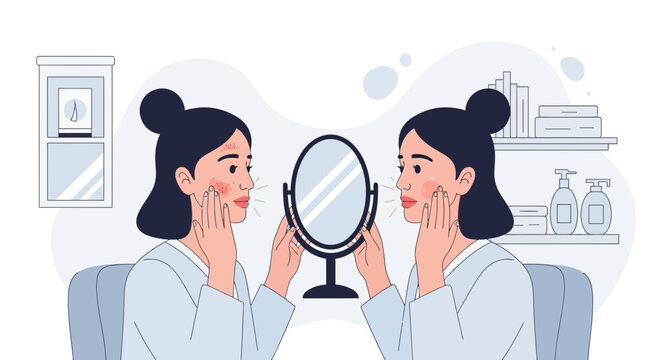Woman Examining Skin Imperfections in Mirror