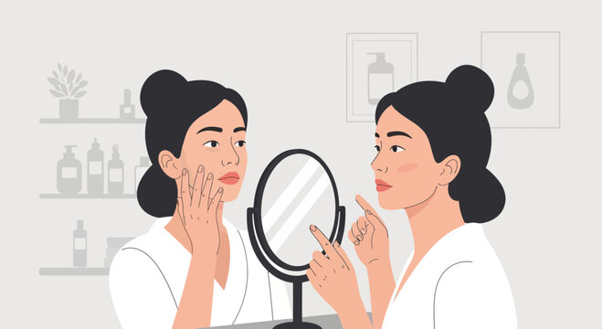 Woman Inspecting Acne and Blemishes in Mirror, Skincare Routine