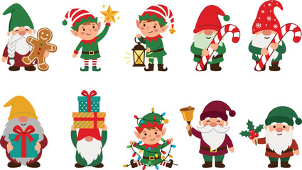 Naklejka premium Christmas Gnomes and Elves Character Set with Holiday Elements Like Gingerbread Gift Boxes Candy Canes Lights and Bell Vector Illustration