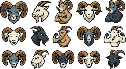 Fototapeta premium Ram and Goat Mascot Head Vector Set Featuring Angry Aggressive and Muscular Cartoon Animal Characters for Sports Team Logos and Gym Badges