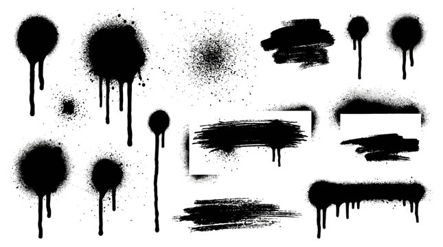 Grungy urban spray paint drip and splatter elements for streetwear apparel and poster design. Vector black ink brush texture overlay set featuring artistic splotches and drops isolated on white.