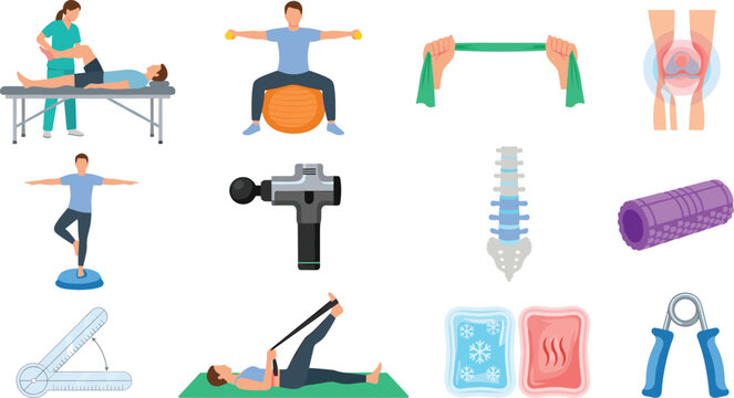 Physical Therapy and Rehabilitation Icon Set with Physiotherapy Exercises Massage Gun Resistance Bands Spine and Joint Injury Recovery Vector Illustration