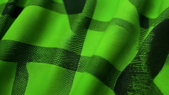 Vibrant Green and Black Plaid Fabric Texture Close-Up.