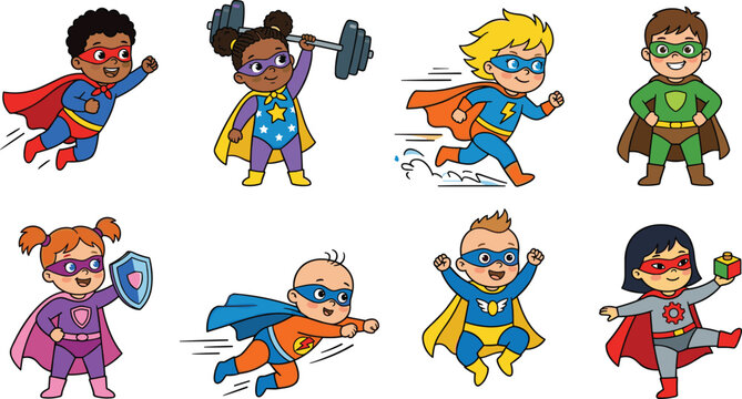 Cute Superhero Kids and Babies Vector Set Featuring Multiethnic Cartoon Children Wearing Costumes Capes Masks Flying Lifting Weights Running and Posing