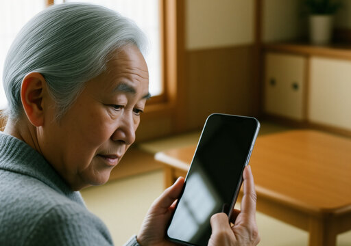 スマートフォンを操作しながら真剣な表情で困惑する日本のシニア女性 和室リビング