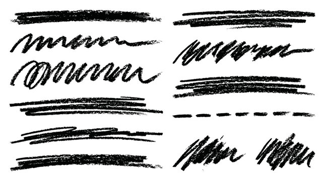 Hand-drawn artistic set of charcoal scribble underline strokes with messy crayon pencil texture for emphasis highlighting featuring chaotic sketch marks and freehand doodle vector elements.