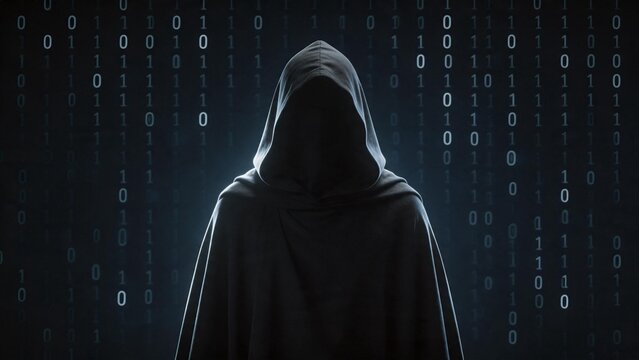 Hooded figure in front of binary code