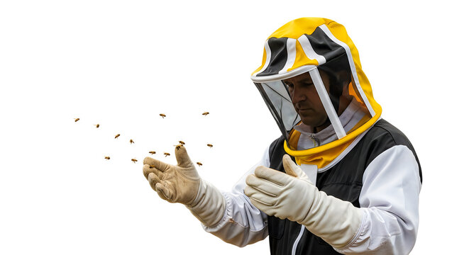 Beekeeper releasing bees from gloved hand in protective suit isolated on white background