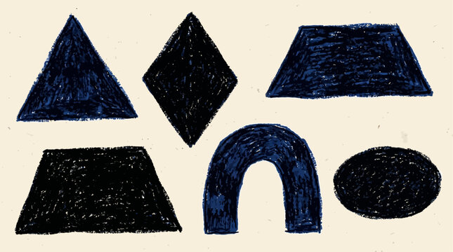 Artistic set of rough crayon geometric shapes with heavy textured edges and irregular linocut aesthetics featuring triangle rhombus trapezoid arch and oval elements for grunge graphic design.