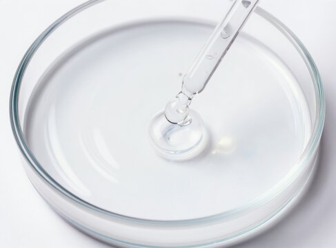 Liquid serum drips from pipette into petri dish. Clear gel with bubbles tested for skincare research. Hydration and lab analysis concept. Fresh cosmetic substance.