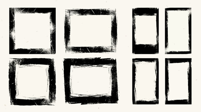 Grungy Urban Roller Ink Texture Scratch for Social Media Template. Distressed Letterpress Rectangle and Linocut Print on Paper. Vector Graphic Rolled Paint Frame Set with Industrial Edge.