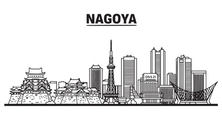 Obraz premium Nagoya Japan Skyline Illustration in Black and White