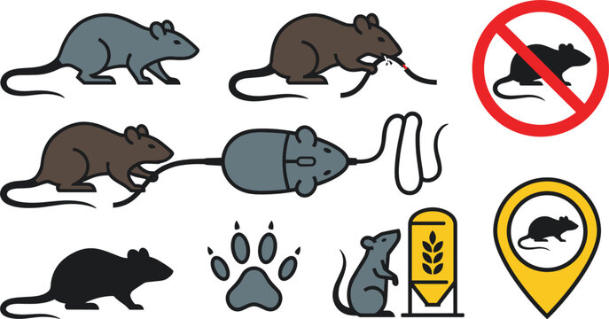 Pest Control and Rodent Infestation Vector Icon Set with Rats Chewing Wires Computer Mouse Joke Prohibited Sign and Grain Silo Contamination