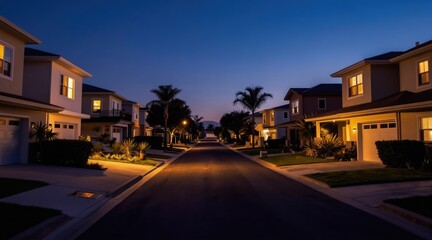 Obraz premium Quiet suburban street at twilight with illuminated homes, palm trees, and driveways. Peaceful neighborhood scene with warm interior lights glowing from windows.