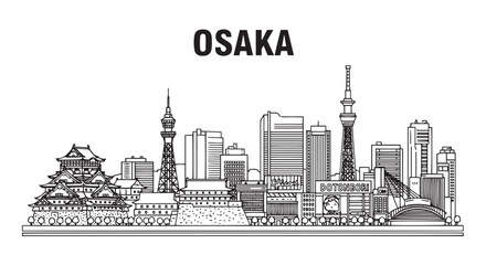 Naklejka premium Osaka City Japan Skyline Outline Illustration