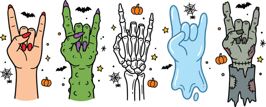Spooky Halloween Rock On Hand Sign Vector Set with Monster Witch Skeleton Ghost and Zombie Making Horns Gestures with Pumpkins and Bats