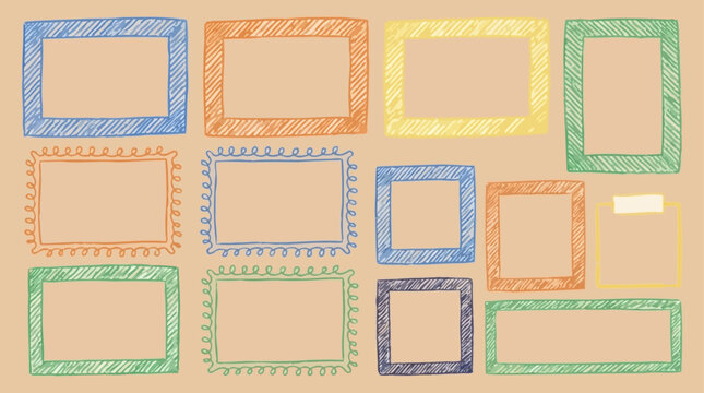 Vector photo frame collection with rectangle crayon texture and kid text box square shapes featuring diagonal hatched borders on beige background for kindergarten scrapbook design elements.