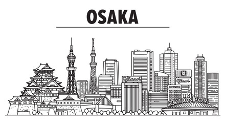 Naklejka premium Osaka City Skyline Illustration Depicting Famous Landmarks