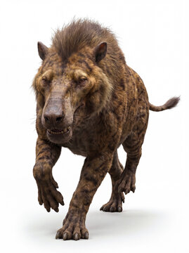 Andrewsarchus mongoliensis running toward the camera in a dynamic charging motion, showing accurate anatomy and detailed scientific paleomammal reconstruction isolated on white background