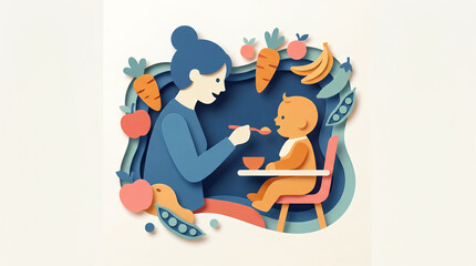 Fototapeta premium Paper Cut Mother Feeding Baby with Healthy Food Elements for Child Nutrition and Healthcare