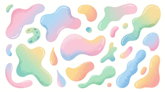 Set of abstract organic liquid grain gradient pastel shapes featuring irregular bacteria dots figures and grainy noise fluid textures with uneven wavy blob drops and dynamic vector spots design