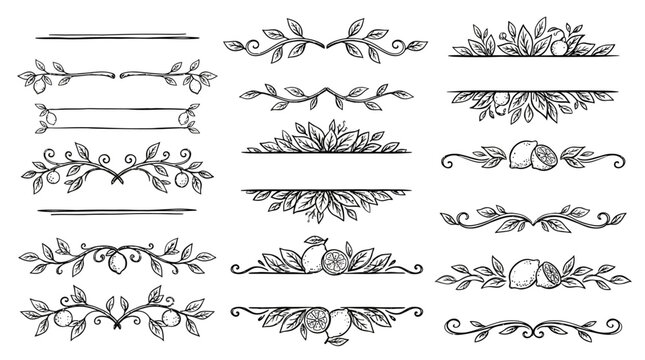 Lemon tree branch leaf doodle ink text divider whimsical page underline emphasis border element decorative citrus fruit foliage motif vector line art ornament sketch drawing botanical nature
